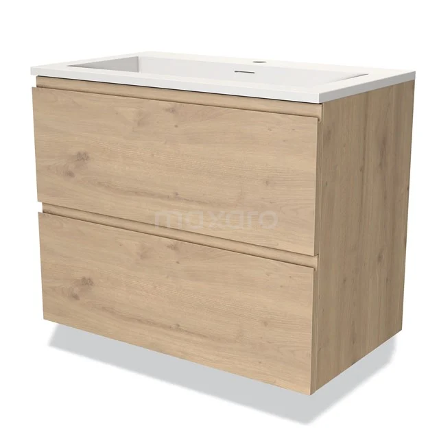 Wooden bathroom unit with two drawers, natural oak look, white ceramic basin and sleek modern design.