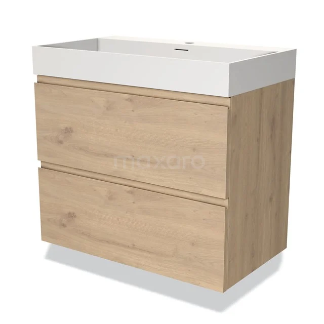 Houten badkamermeubel met witte wastafel, twee lades en strak design, ideaal voor moderne badkameropslag.