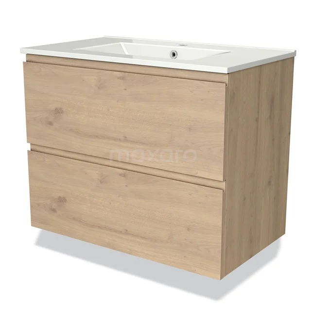 Wooden bathroom unit with two drawers, light oak finish, including white ceramic vanity units with basin from the modern Nature series.