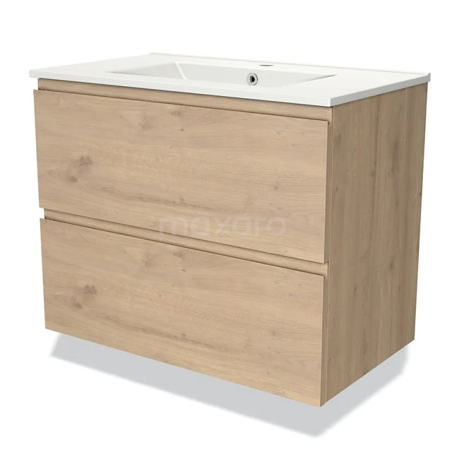 Badmöbel 80cm Modulo Hellbraune Eiche 2 Schubladen Griffloses Waschbecken Keramik BMW17-03572 Holz Badmöbel mit zwei Schubladen und weißem Waschbecken, modernes Design und natürliche Oberflächenbehandlung, ideal für stilvolle Bäder.