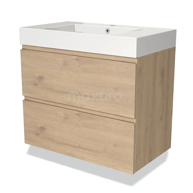 Houten badkamermeubel met wasbak, lichte eiken uitstraling en twee ruime lades voor stijlvolle en praktische badkameropslag.