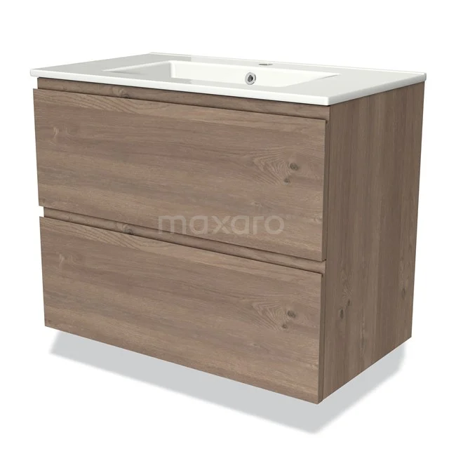 Moderne hangende badkamermeubelset, houtlook met twee lades en witte keramische wastafel, ideaal voor stijlvolle badkamers.