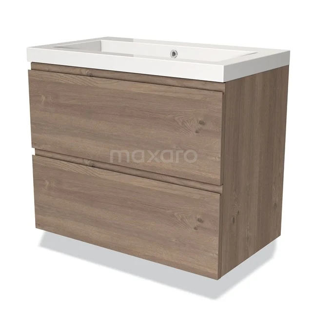 Modulo Waschtische | 80 cm Mittelbraune Eiche Grifflos front Mineralguss 2 übereinanderliegende Schubladen BMW17-03576 Holz Badmöbel mit zwei Schubladen, weiß Waschtischplatte, modernes Design, ideal für kompakte Bäder.