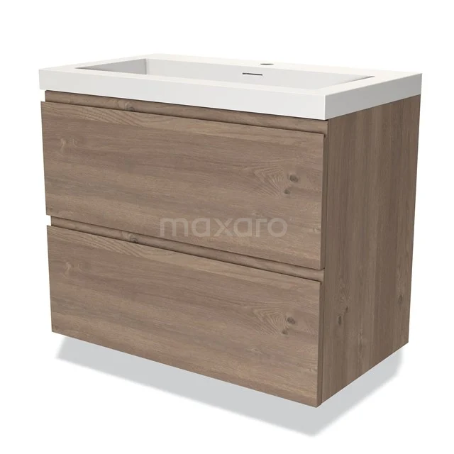 Modulo Vanity units with basin | 80 cm Mid brown oak Handle-less front Solid surface 2 Stacked drawers BMW17-03579