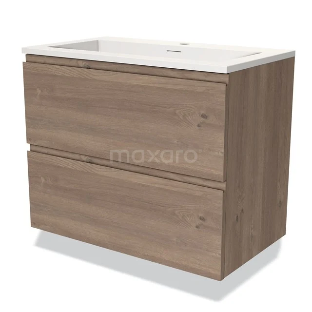 Houten badkamermeubel met twee lades, eikenlook, wit wastafelblad, modern design, ideaal voor een stijlvolle badkamer.
