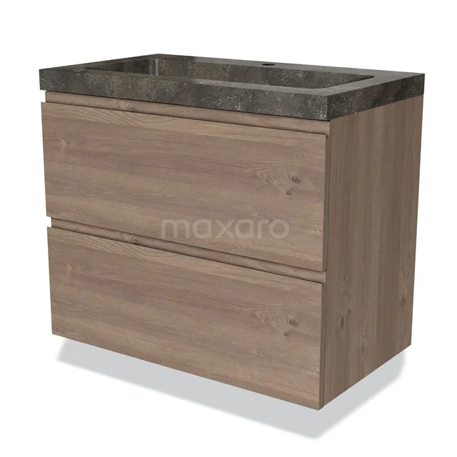 Houten badkamermeubel met twee lades, donker marmeren wastafelblad, stijlvol design voor moderne badkamers.