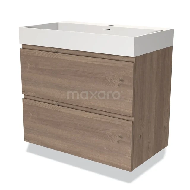 Modulo Vanity units with basin | 80 cm Mid brown oak Handle-less front Solid surface 2 Stacked drawers BMW17-03582