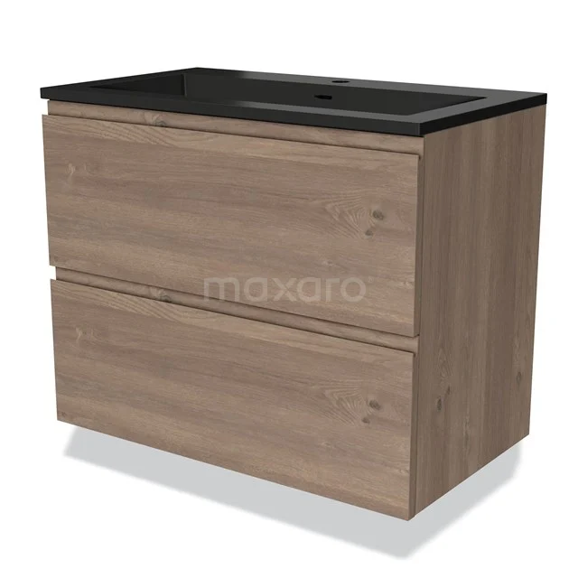 Houten badkamermeubel met twee lades, zwart wastafelblad, moderne afwerking. Perfect voor een stijlvolle badkamer inrichting.
