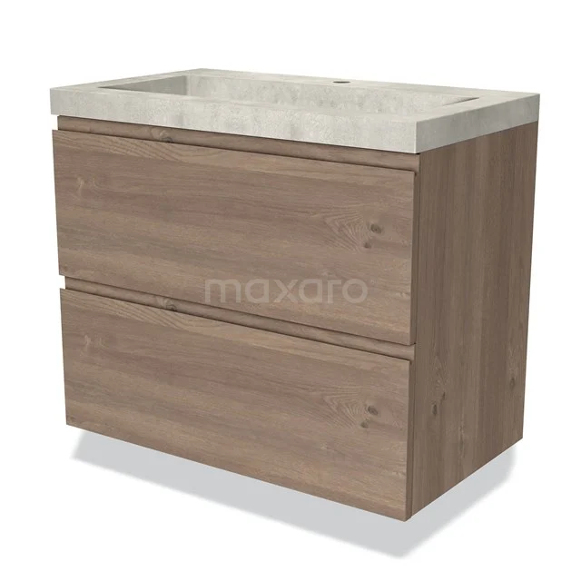 Houten badkamermeubel met twee lades en lichtgrijs wastafelblad van keramiek, ideaal voor moderne badkamerinrichting.