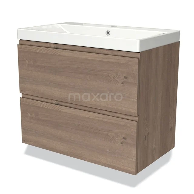 Modulo Vanity units with basin | 80 cm Mid brown oak Handle-less front Ceramic 2 Stacked drawers BMW17-03586