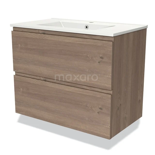 Houten badkamermeubel met twee lades, wit keramische wastafel, modern design uit de Naturel-serie.
