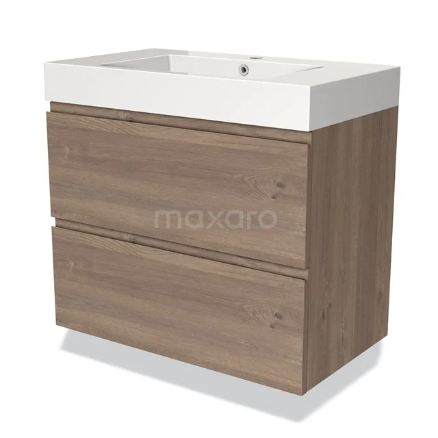 Wooden bathroom unit with two drawers, plastic basin in white, ideal for modern bathroom storage.