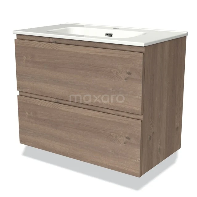 Houten badkamermeubel met twee lades en ingebouwde witte wastafel, modern design en ideaal voor opbergruimte in de badkamer.