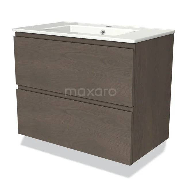 Modulo Vanity units with basin | 80 cm Dark brown oak Handle-less front Ceramic 2 Stacked drawers BMW17-03591