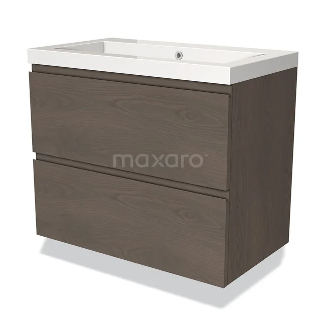 Holz Badezimmermöbel mit zwei Schubladen, dunkle Eiche Ausführung und einem weißen Waschbecken, elegantes Design für ein modernes Badezimmer.