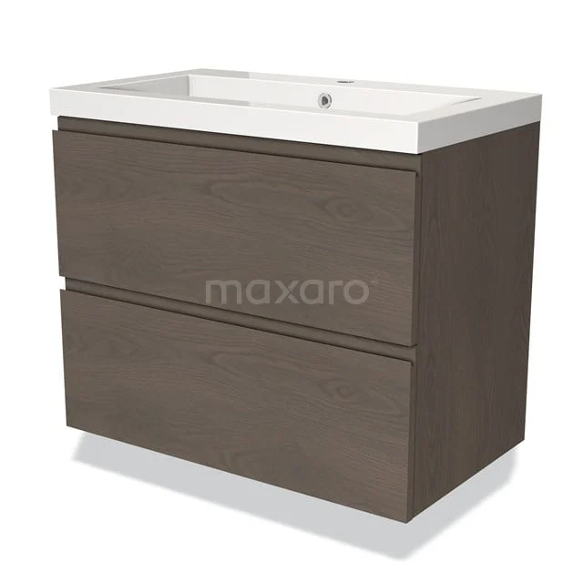 Holz Badezimmermöbel mit dunkler Eiche Optik, zwei Schubladen und einem weißen keramischen Waschbecken, modernes Design für stilvolle Bäder.