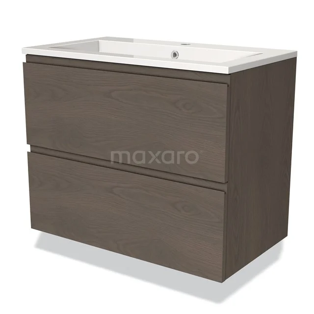 Wooden bathroom unit with two drawers, dark oak finish, including white ceramic vanity units with basin.