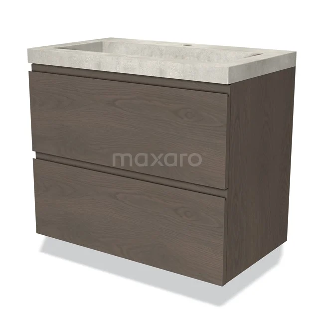 Badmöbel 80cm Modulo dunkelbraune Eiche 2 Schubladen griffloses Waschbecken Beton Greige BMW17-03601 Holz Badezimmermöbel mit zwei Schubladen und einer weißen Waschtischplatte, modernes Design in dunkler Eiche.