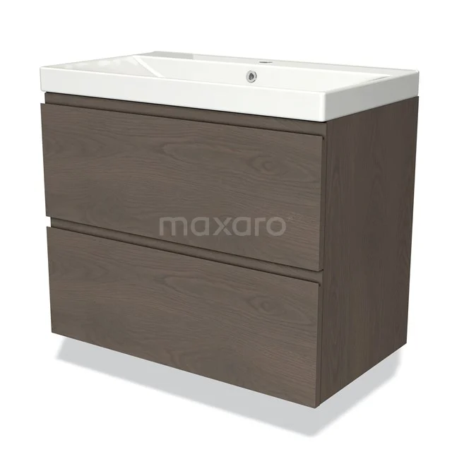 Modern brown bathroom unit with two drawers, white ceramic basin worktop and sleek design for stylish bathrooms.