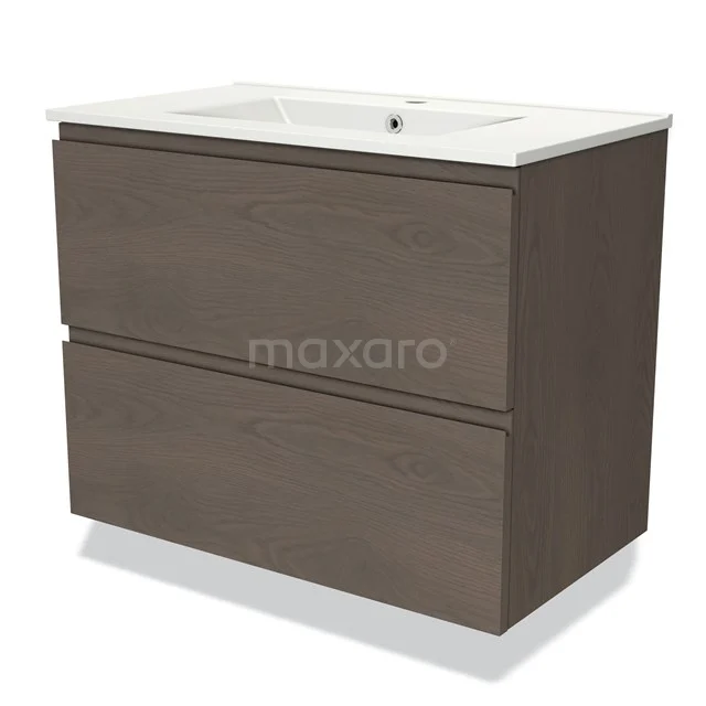 Modulo Vanity units with basin | 80 cm Dark brown oak Handle-less front Ceramic 2 Stacked drawers BMW17-03604