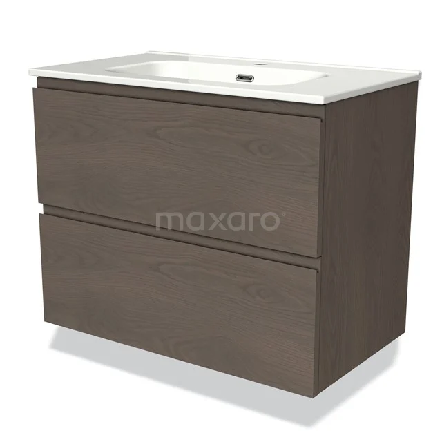 Brown wooden bathroom unit with two drawers and a white basin, modern design, ideal for bathroom storage.