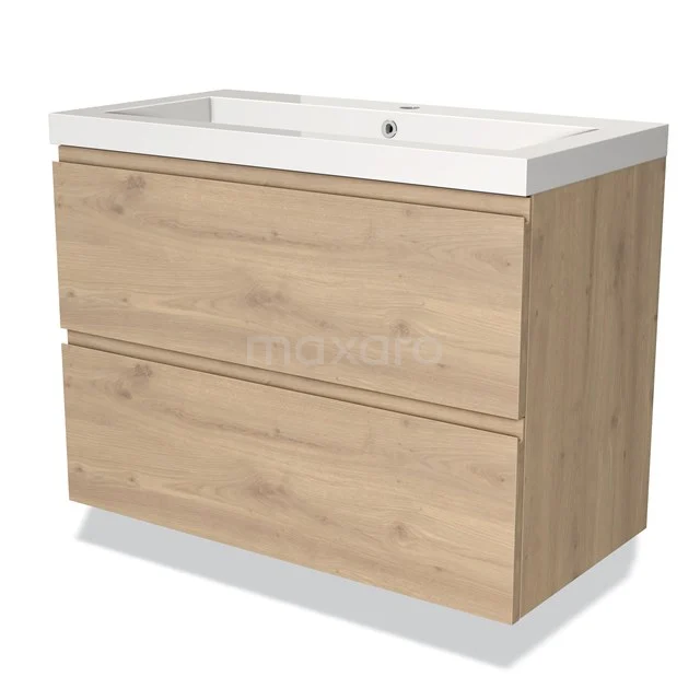 Houten badkamermeubel met keramische wastafel, eikenlook, twee lades zonder grepen, ideaal voor moderne badkamerinrichting.