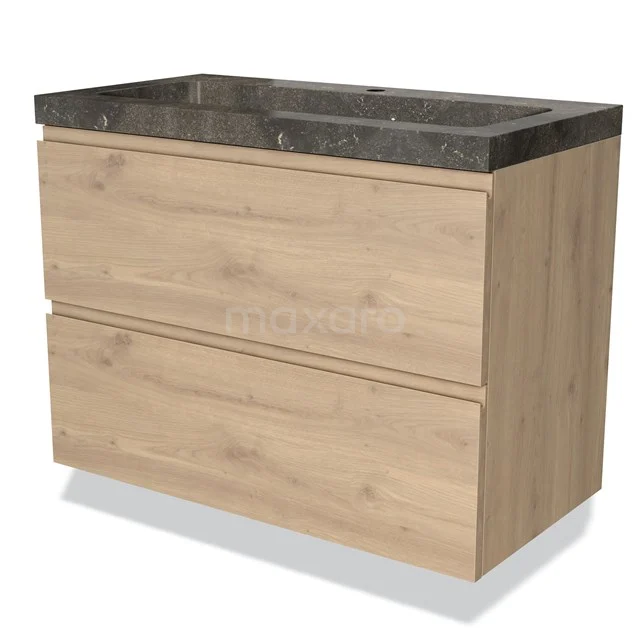 Holz-Badmöbel mit zwei Schubladen und dunkler Waschtischplatte, ideal für eine moderne und natürliche Badezimmergestaltung.