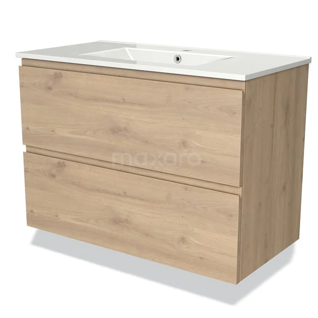 Houten badkamermeubel met twee softclose lades, licht eiken finish, keramische wastafel en minimalistisch design.