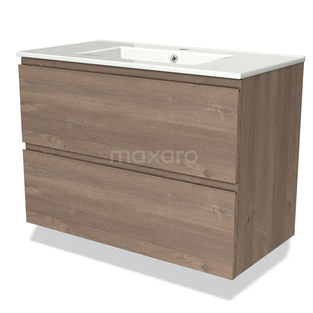 Badmöbel 90cm Modulo mittelbraune Eiche 2 Schubladen griffloses Waschbecken Keramik BMW17-03614 Holz Badezimmermöbel mit zwei Schubladen, Waschbecken aus Keramik, modernes Design, Eiche Look, geeignet für Badezimmerlagerung.