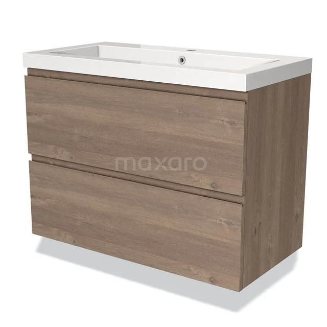 Wooden bathroom unit with two drawers, oak look, white basin worktop and sleek design, perfect for a modern bathroom.