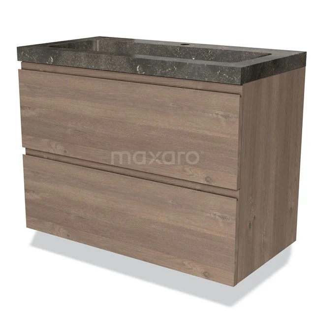 Modern houten badkamermeubel met twee lades en donker marmeren wastafel, ideaal voor een stijlvolle badkamerinrichting.