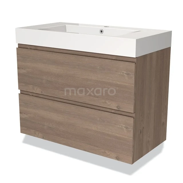 Bathroom unit wood-look with double drawers and white vanity units with basin, modern design and suitable for any contemporary bathroom.
