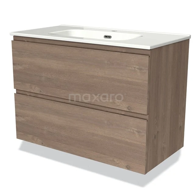 Houten badkamermeubel met geïntegreerde witte wastafel, twee lades en moderne afwerking in eikenlook.