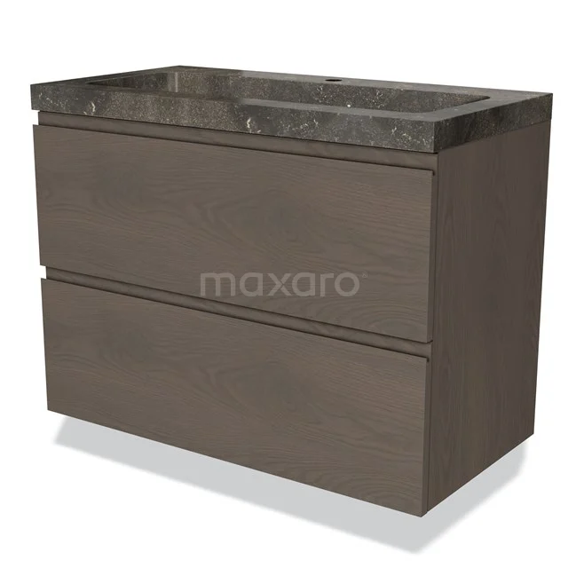 Braunes Holz-Badmöbel mit zwei Schubladen und dunkler Marmor-Waschtischplatte, moderne Ausstrahlung.