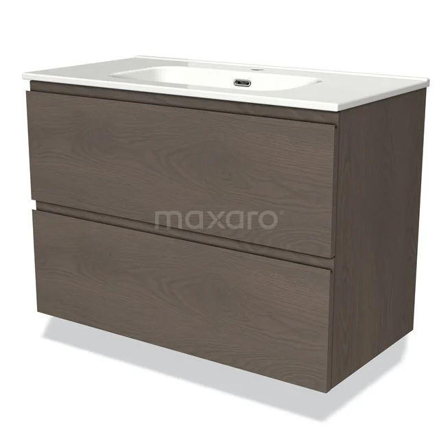 Modulo Vanity units with basin | 90 cm Dark brown oak Handle-less front Ceramic 2 Stacked drawers BMW17-03627