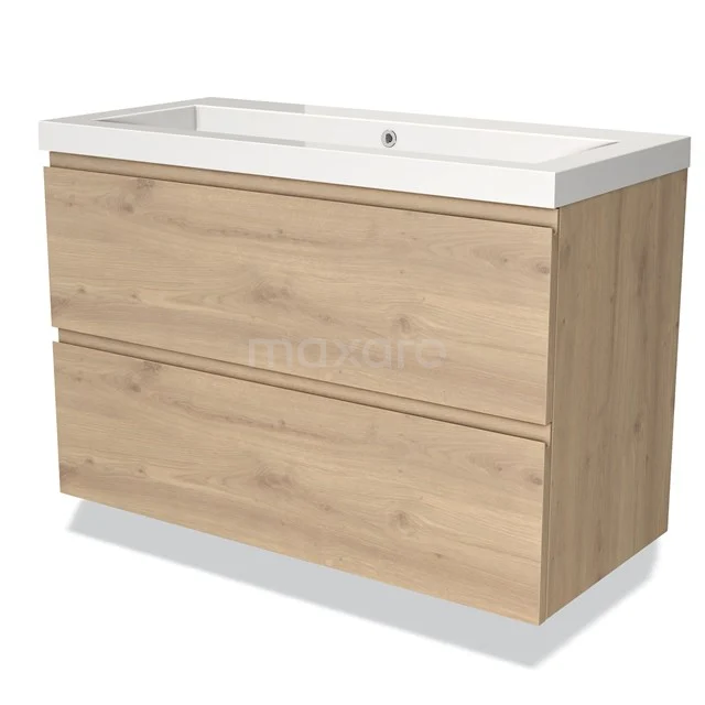 Holz Badezimmermöbel mit zwei Schubladen, heller Eiche Farbe und weißem keramischen Waschbecken, moderner Stil für ein zeitgemäßes Badezimmer.