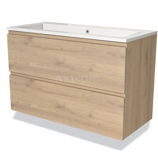 Holz Badezimmermöbel mit zwei Schubladen und einem weißen Waschbecken, moderner skandinavischer Stil, ideal für Badezimmerlagerung.