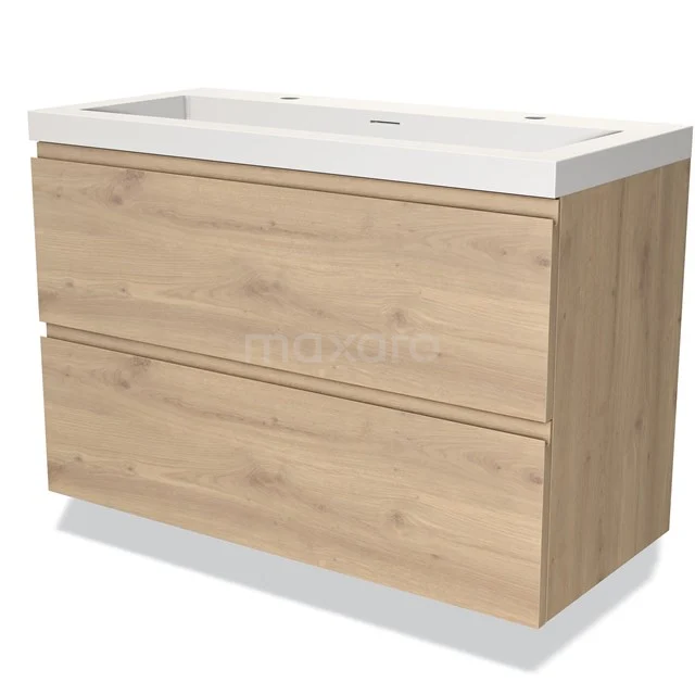 Holz Badezimmermöbel mit 2 Schubladen, Eichelook, weißes keramisches Waschbecken, modernes Design, ideal für eine stilvolle Badezimmergestaltung.