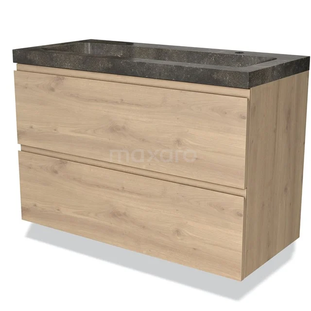 Houten badkamermeubel met brede lades en donkergrijs natuurstenen wastafelblad, modern design voor een stijlvolle badkamer.