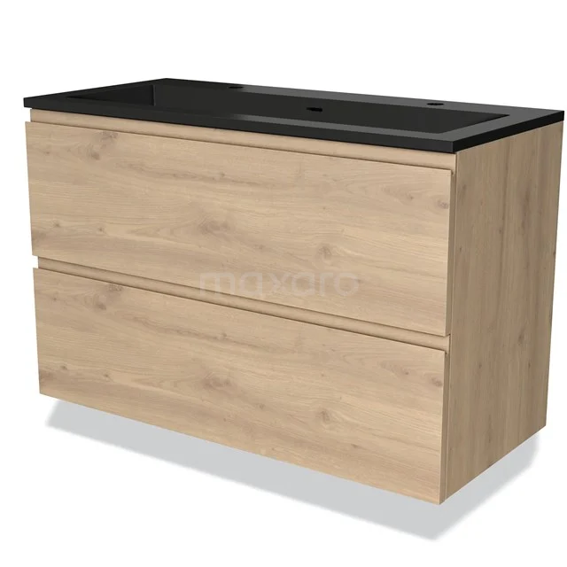 Wooden bathroom unit with two drawers and a black basin worktop, modern design, from the oak series.