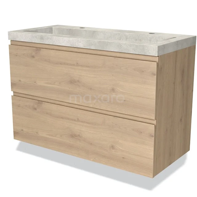 Badmöbel 100cm Modulo Hellbraune Eiche 2 Schubladen Griffloses Waschbecken Beton Greige BMW17-03642 Holz-Badmöbel mit Naturstein-Optik Waschbecken, heller Eiche-Oberfläche, zwei Schubladen und schlankem modernem Design für das Badezimmer.