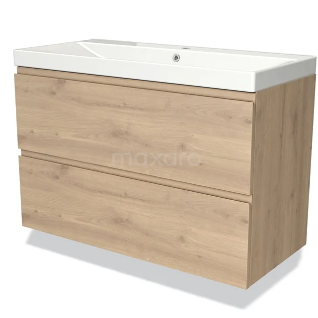 Wooden bathroom unit with two drawers, oak finish and white vanity units with basin from the modern luxury bathroom collection.