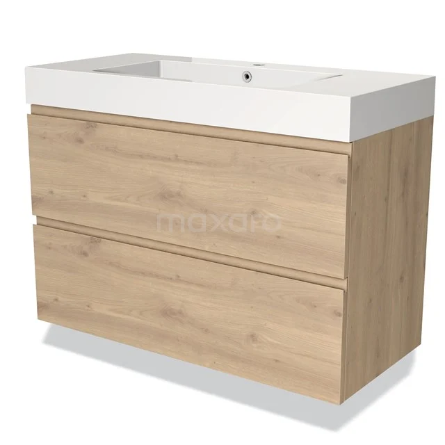 Houten badkamermeubel met dubbele lade in licht eiken, inclusief witte keramische wastafel, ideaal voor moderne badkamerinrichting.