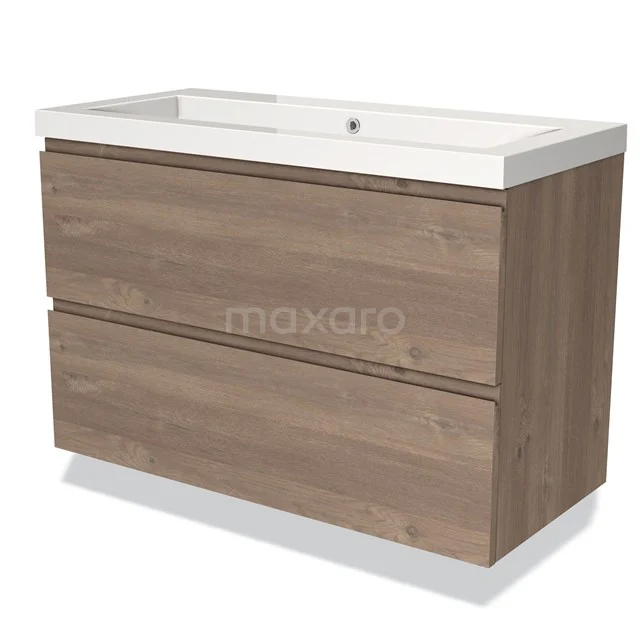 Holz Badezimmermöbel mit zwei Schubladen und einem weißen, rechteckigen Waschbecken. Modernes Design, perfekte Aufbewahrung für jedes Badezimmer.