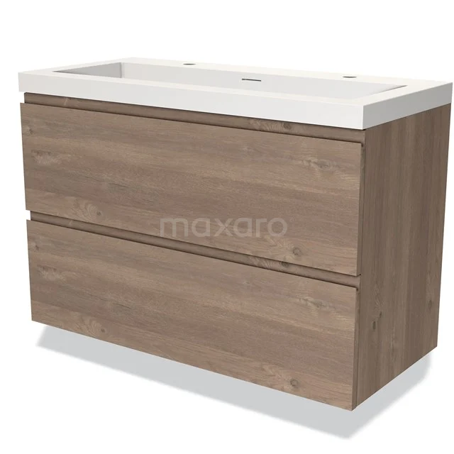 Modulo Waschtische | 100 cm Mittelbraune Eiche Grifflos front Solid Surface 2 übereinanderliegende Schubladen BMW17-03655 Holz Badezimmermöbel mit zwei Schubladen, weiß Kunststoff Waschbeckenplatte, modernes Aussehen, ideal für Badezimmerlagerung.