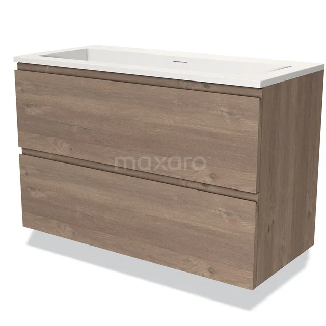 Modulo Vanity units with basin | 100 cm Mid brown oak Handle-less front Solid surface 2 Stacked drawers BMW17-03656