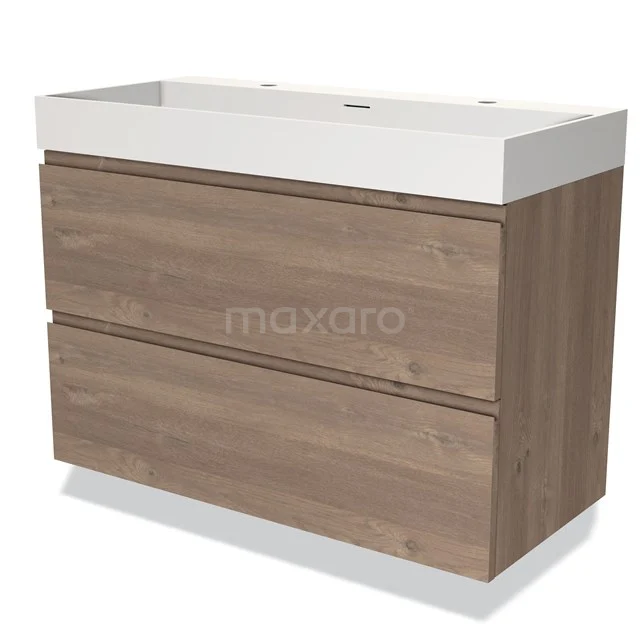 Holz-Badmöbel mit zwei Schubladen und einer weißen Waschtischplatte, modernes Design in Eiche-Optik, ideal für stilvolle Bäder.