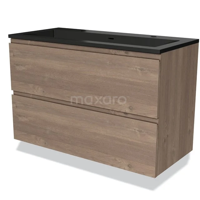 Holz Badezimmermöbel mit zwei Schubladen, Schwarz Waschbeckenplatte aus Keramik, modernes Design, geeignet für ein stilvolles Badezimmer.