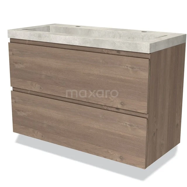 Modulo Waschtische | 100 cm Mittelbraune Eiche Grifflos front Beton 2 übereinanderliegende Schubladen BMW17-03662 Hölzernes Badezimmermöbel mit zwei Schubladen, Betonlook Waschtischplatte, modernes Design, ideal für eine stilvolle Badezimmer Einrichtung.
