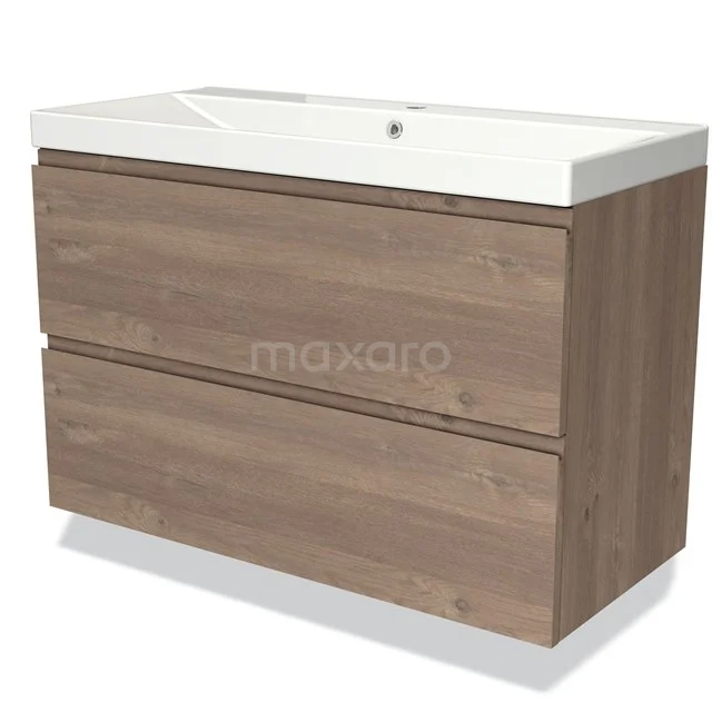 Modulo Vanity units with basin | 100 cm Mid brown oak Handle-less front Ceramic 2 Stacked drawers BMW17-03663